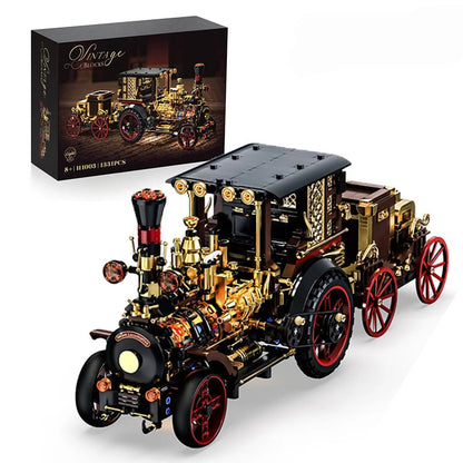 Fully assembled Victorian Roadster Steampunk 1331-piece mechanical building block model by FREETIMEJOY.