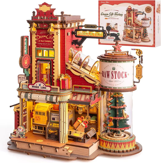 A completed ROKR Christmas Dream Gift Factory mechanical music box, showing moving wooden gears and festive holiday details in a warm, lit setting