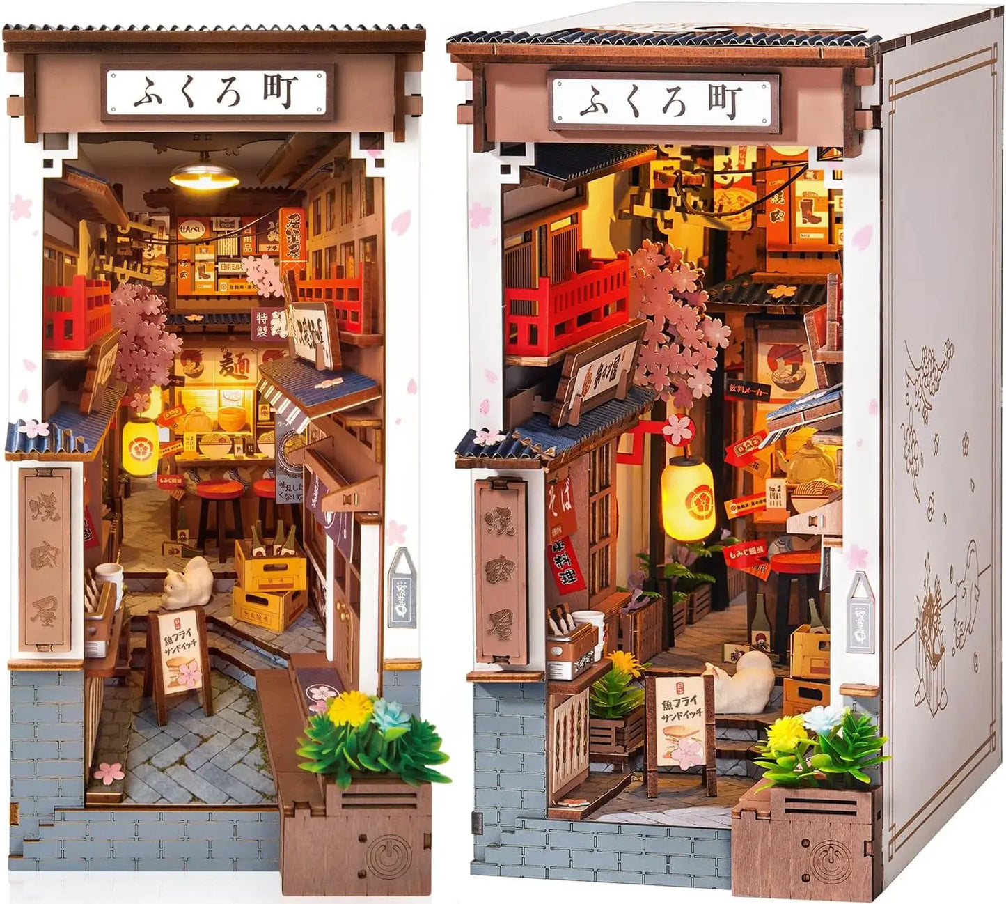 A completed Robotime Sakura Wine Alley Book Nook glowing with warm LED lights between books on a shelf, showing a detailed Japanese miniature street.