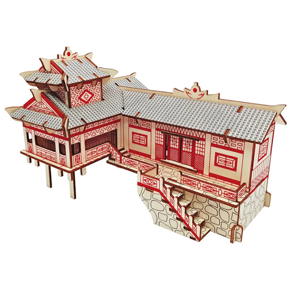 A collection of four traditional Chinese wooden building puzzles, including a water mill and stilt houses, showing detailed interlocking wood architecture.