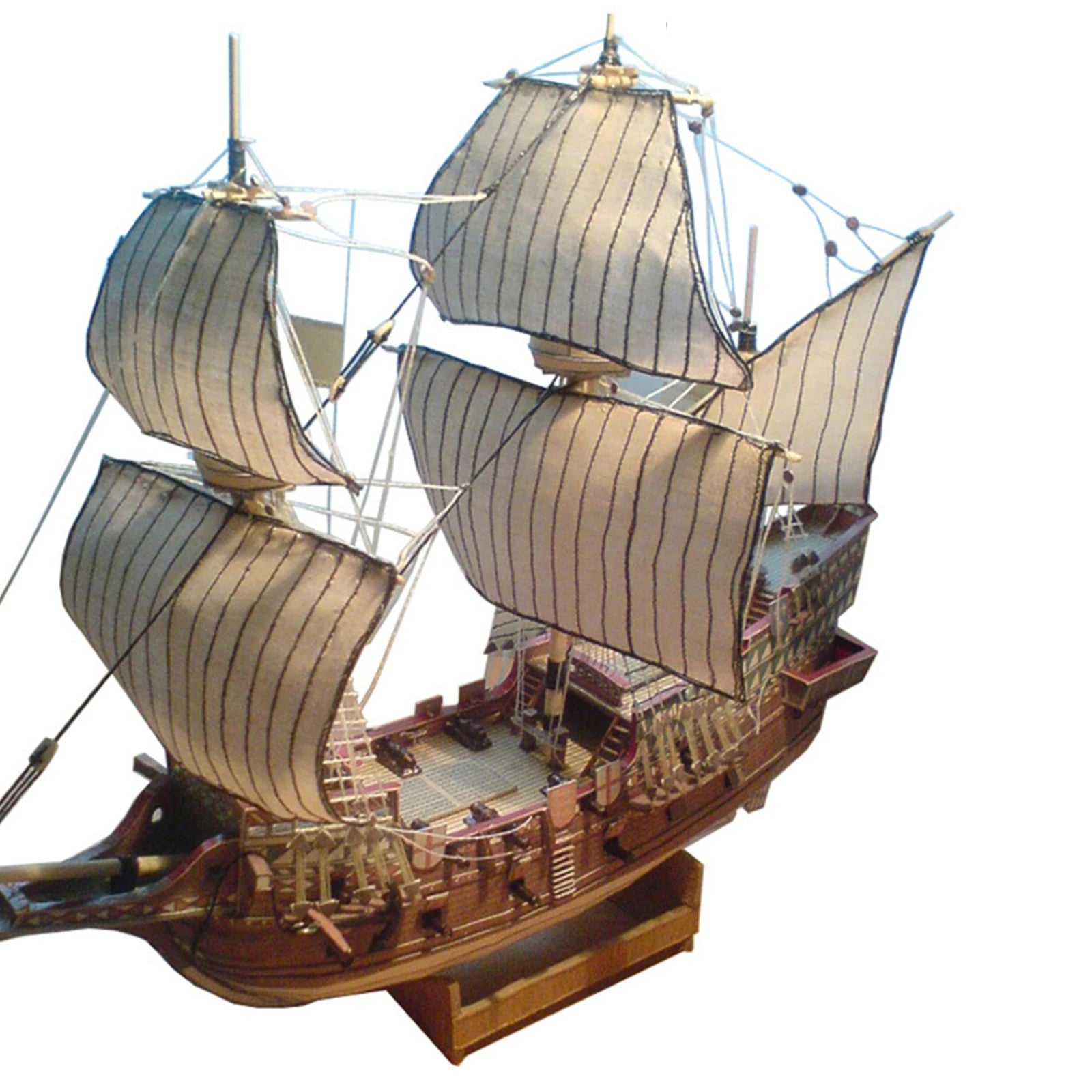 A professional completed paper model of the Golden Hind galeon at 1:100 scale, showcasing realistic paper textures and historical naval rigging.