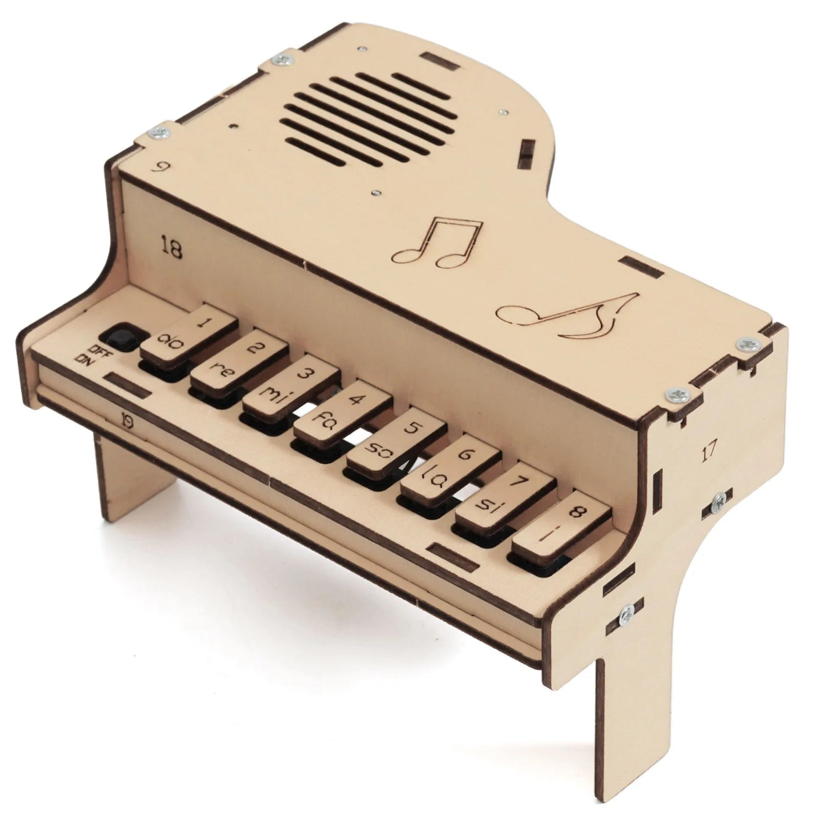 A partially assembled wooden electronic piano showing the internal circuitry, speaker, and wooden keys, emphasizing its educational and DIY nature.