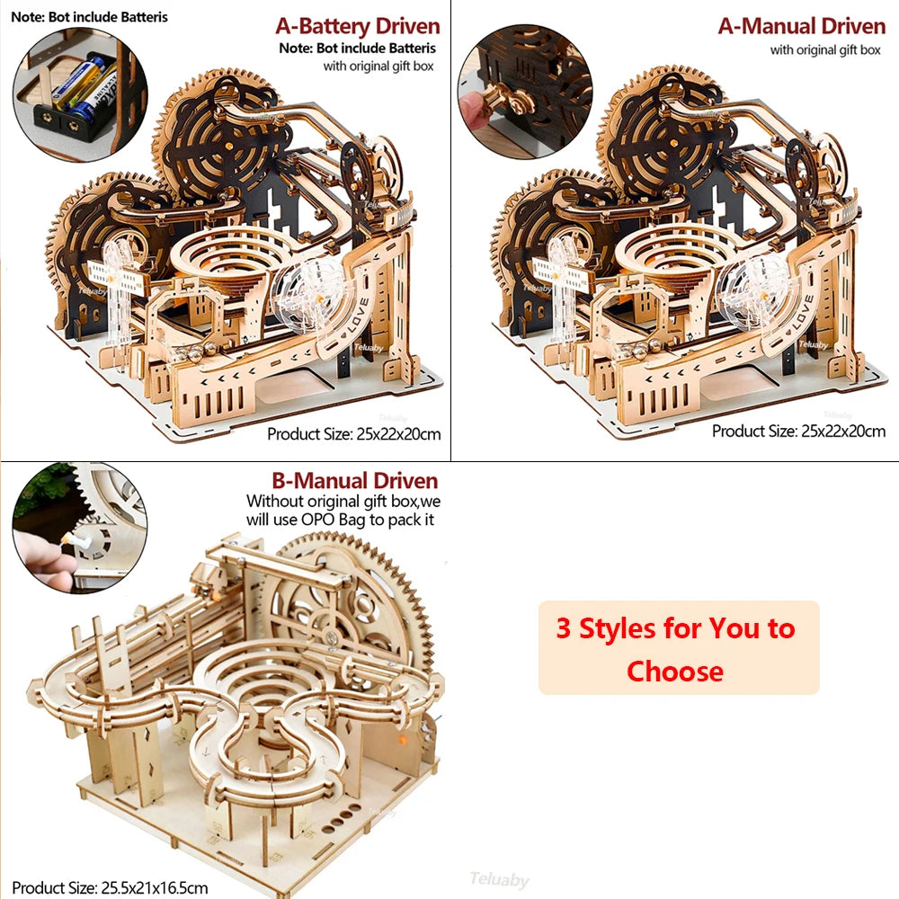 A completed mechanical marble run 3D wooden puzzle with intricate gears and steel marbles, showcasing kinetic engineering in a professional home office setting.