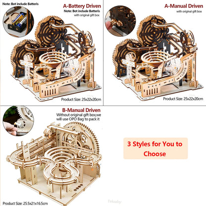 A completed mechanical marble run 3D wooden puzzle with intricate gears and steel marbles, showcasing kinetic engineering in a professional home office setting.
