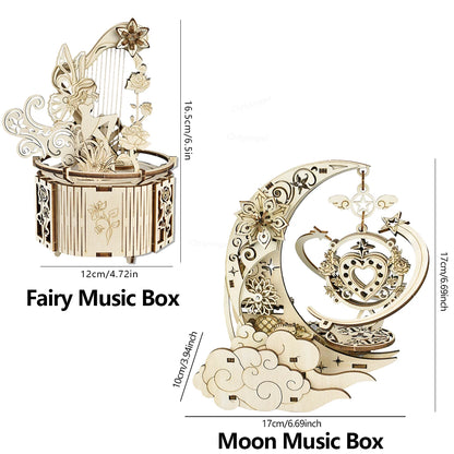 Celestial Moon & Star Rotating Music Box – 3D Mechanical Wooden Model
