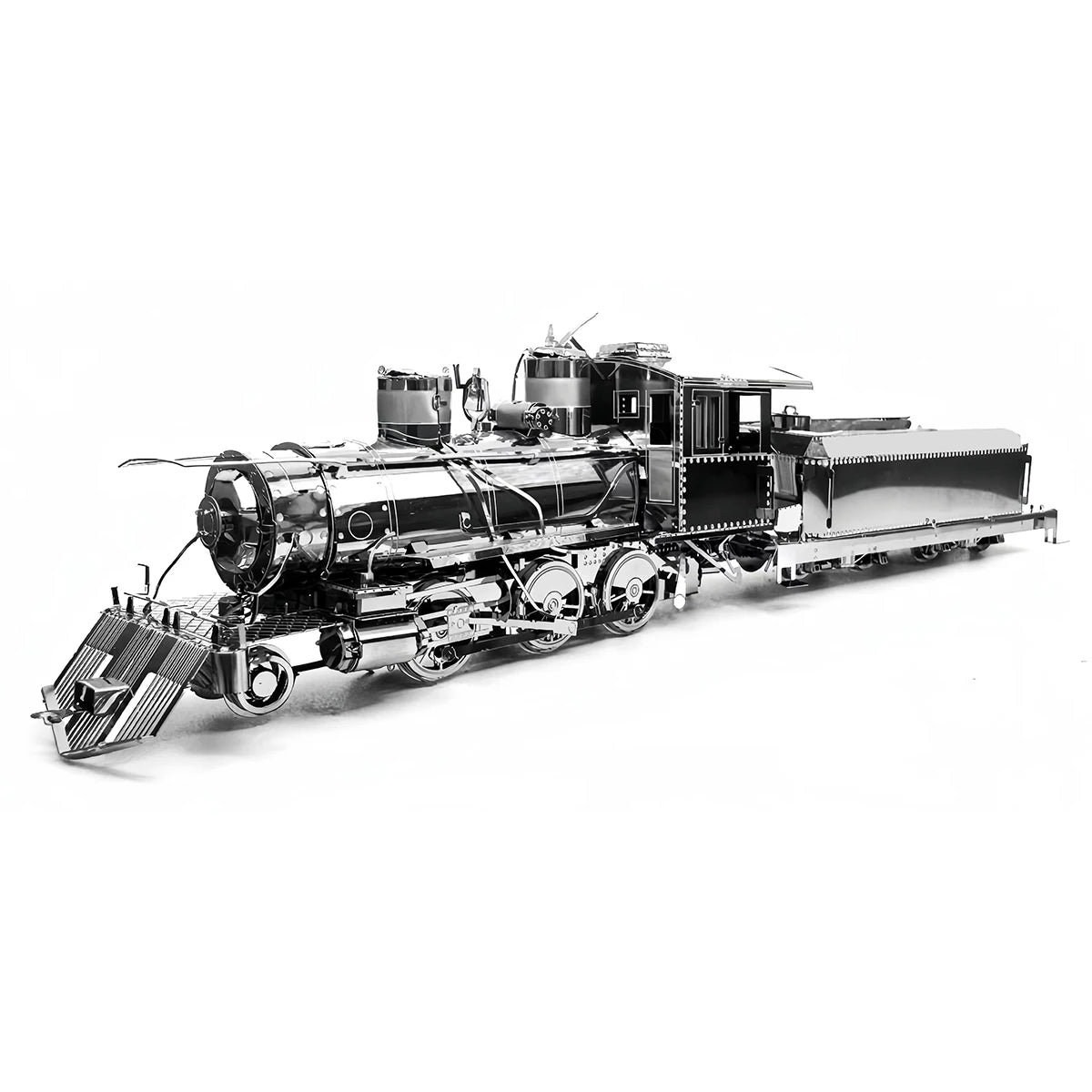 A finished stainless steel 3D metal puzzle of a classic steam locomotive with intricate gear and wheel details, shining under a desk lamp.