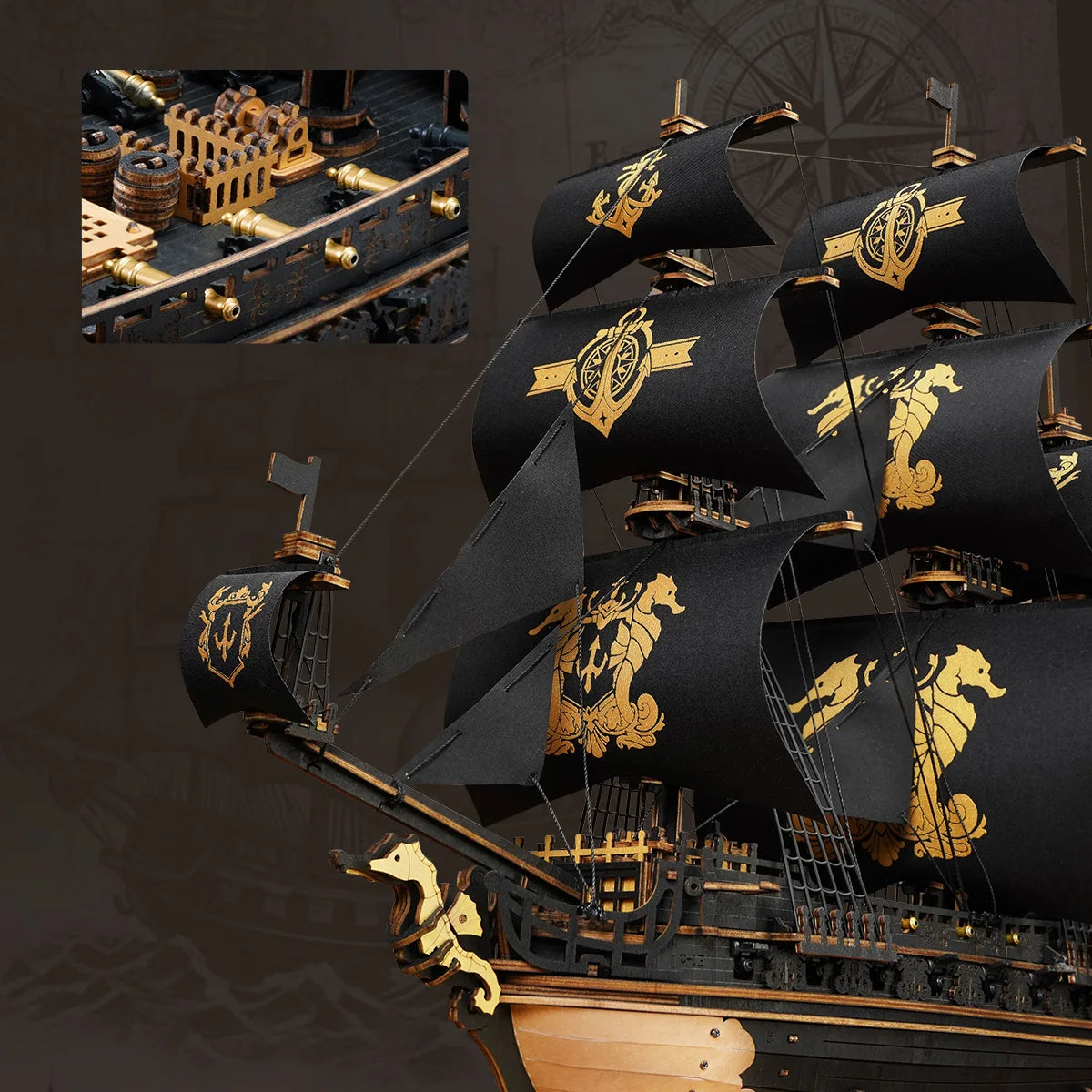 A professional close-up of the completed ROKR Seahorse Barque pre-colored 3D wooden puzzle, showcasing intricate baroque details and gold accents.