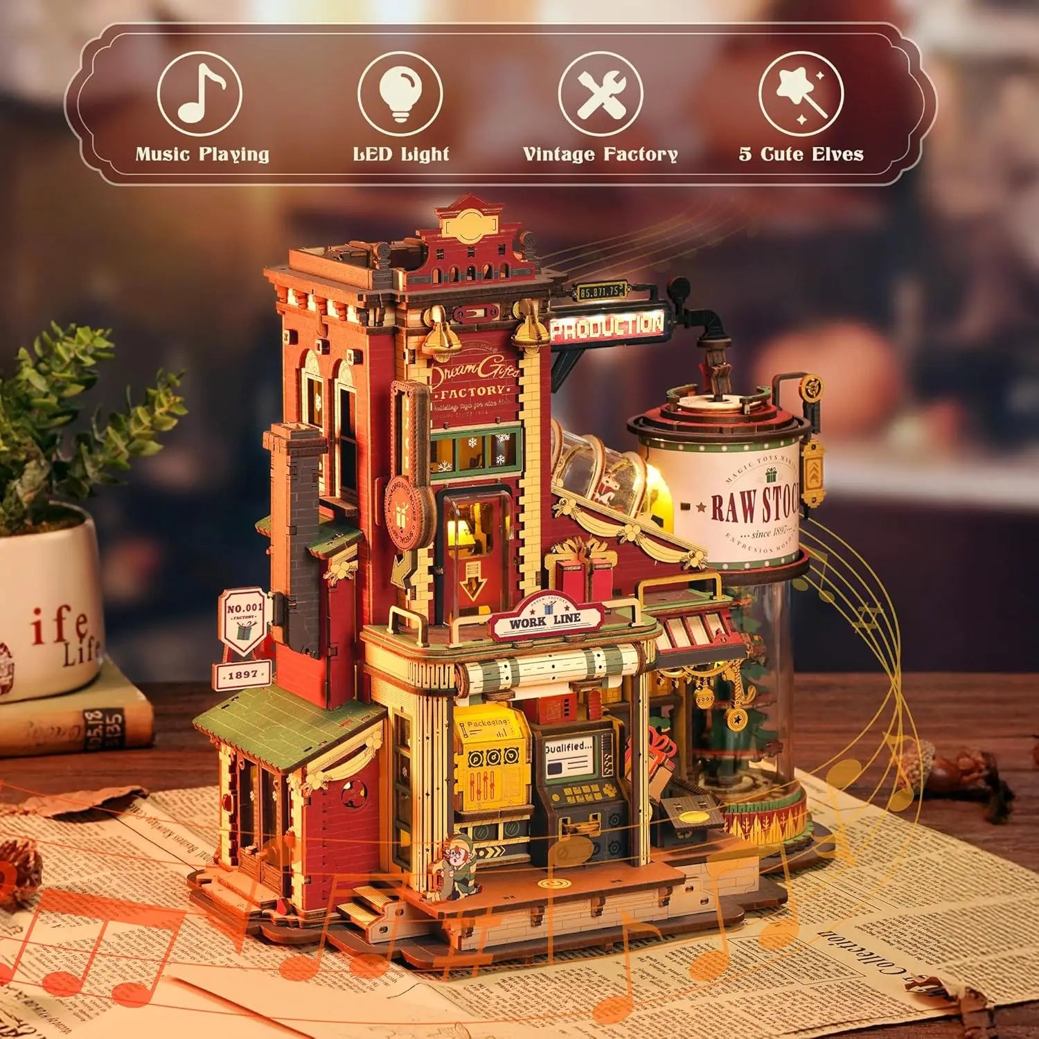 A completed ROKR Christmas Dream Gift Factory mechanical music box, showing moving wooden gears and festive holiday details in a warm, lit setting