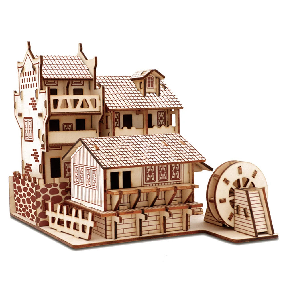A collection of four traditional Chinese wooden building puzzles, including a water mill and stilt houses, showing detailed interlocking wood architecture.