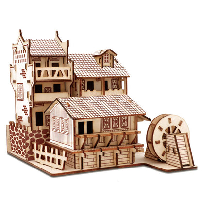 A collection of four traditional Chinese wooden building puzzles, including a water mill and stilt houses, showing detailed interlocking wood architecture.