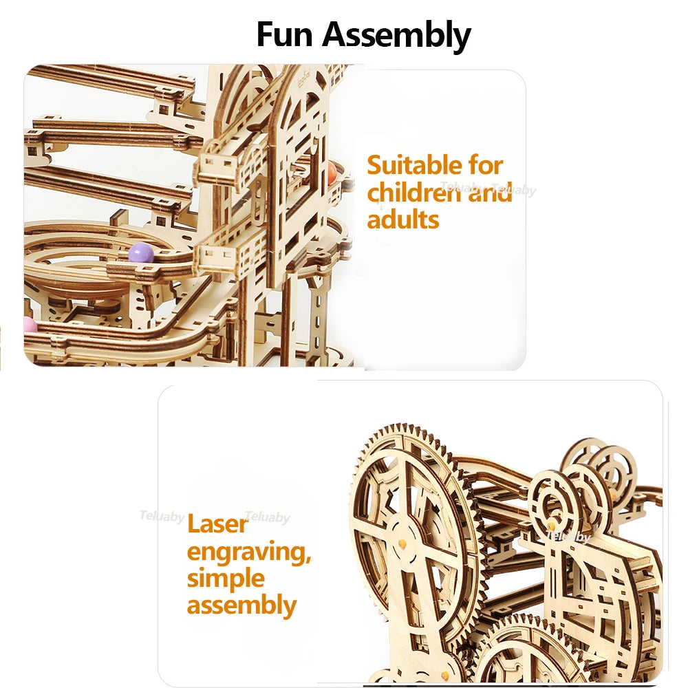 Two versions of Chriyungel mechanical marble runs: a large complex tower and a compact desktop version, both made of laser-cut wood with steel marbles.
