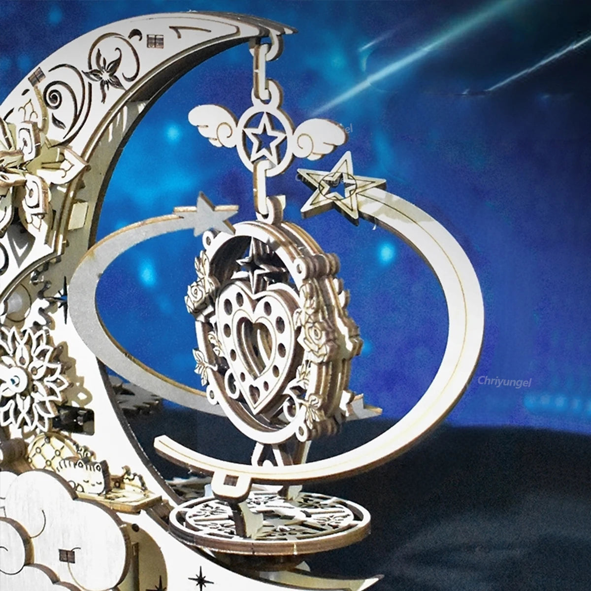 Celestial Moon & Star Rotating Music Box – 3D Mechanical Wooden Model