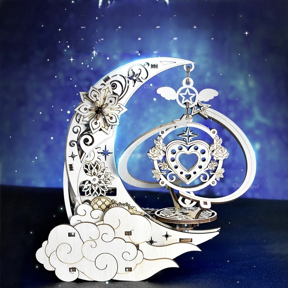 Celestial Moon & Star Rotating Music Box – 3D Mechanical Wooden Model