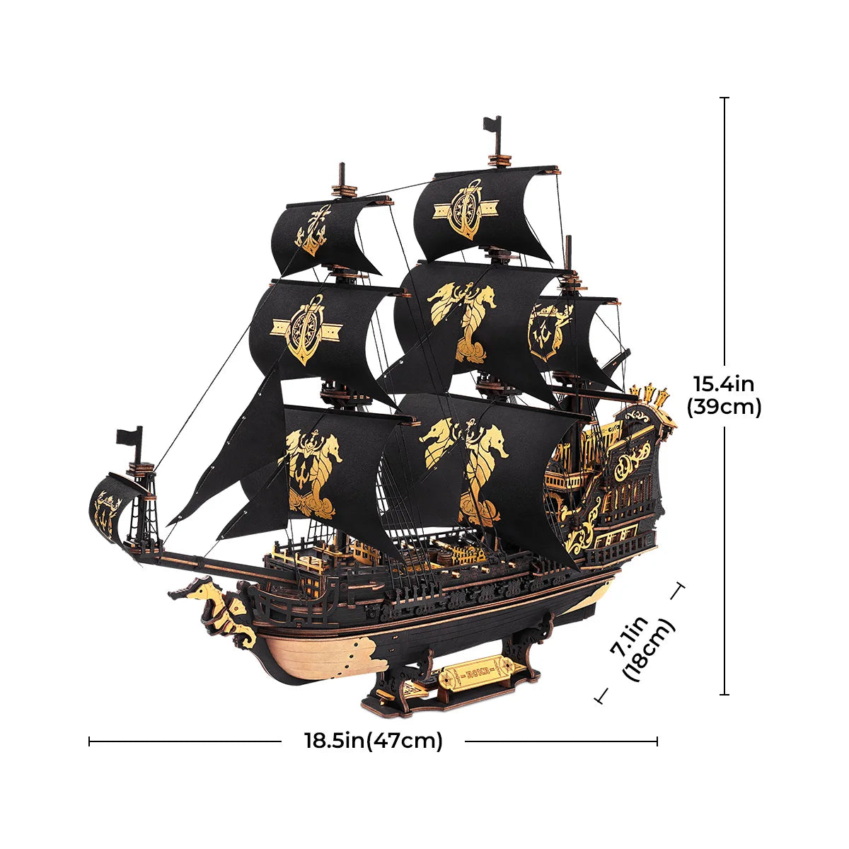 A professional close-up of the completed ROKR Seahorse Barque pre-colored 3D wooden puzzle, showcasing intricate baroque details and gold accents.