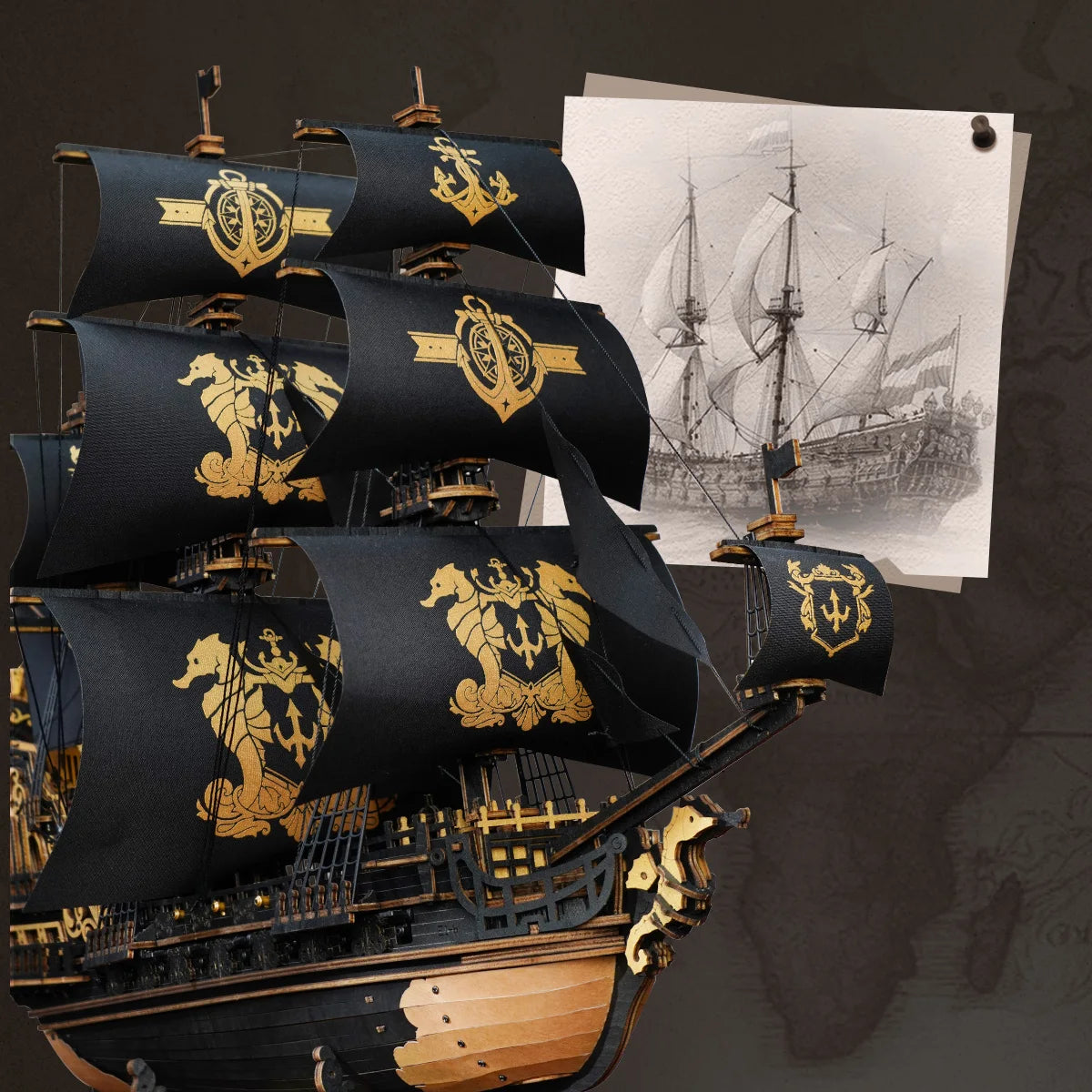 A professional close-up of the completed ROKR Seahorse Barque pre-colored 3D wooden puzzle, showcasing intricate baroque details and gold accents.